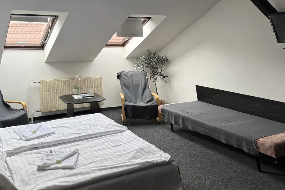 Před rekonstrukcí: podkrovní pokoj původního hotelu se dvěma střešními okny, březen 2025
